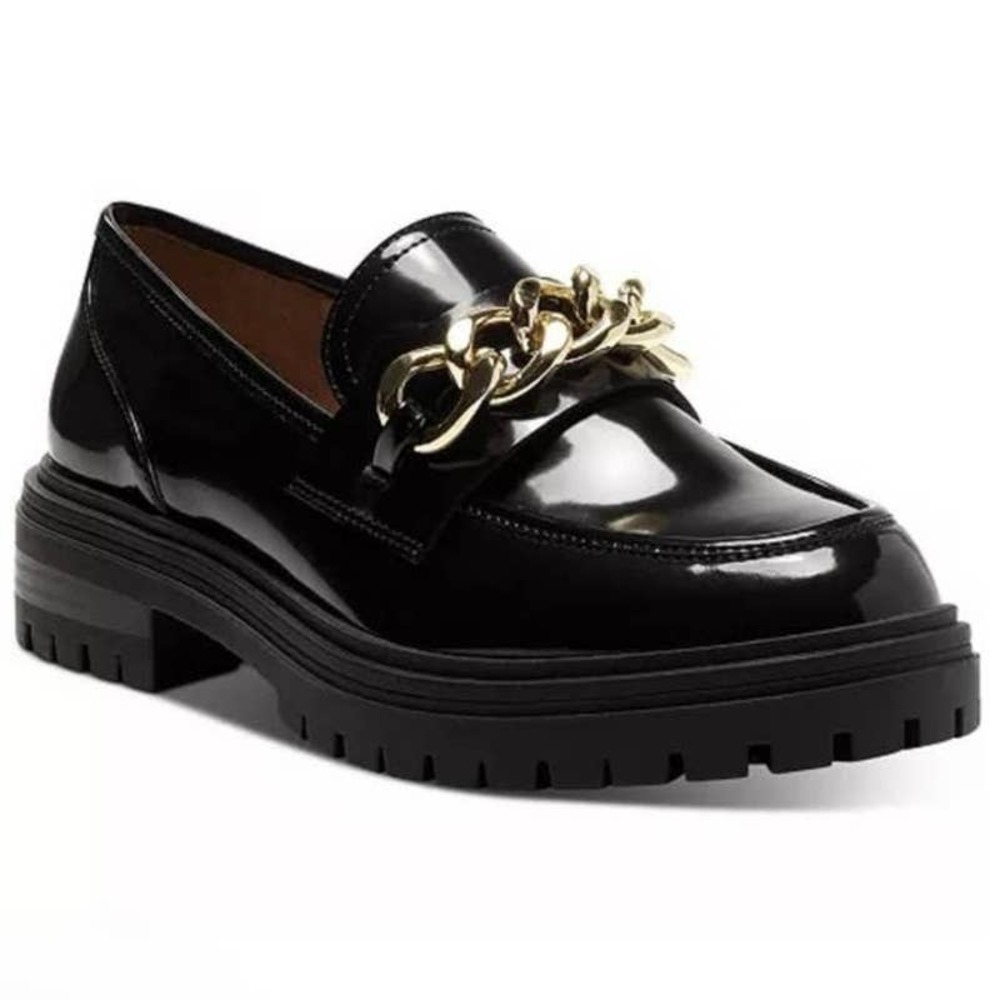 INC Brea Women’s Black Patent Leather Gold Chain Chunky Lug Sole Loafers‎